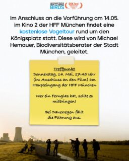 ✨“There is a whole ‚nother world here that I knew nothing about. This was always around me, and I never knew this was here.“✨ – Jonathan Franzen

🪶 Zusammen mit dem DOK.fest haben wir zwei Vogelspaziergänge organisiert - kostenlos und in Kinonähe! Jeder und jede mit einem Kinoticket für WATCHING PEOPLE WATCHING BIRDS ist herzlich eingeladen!

➡️ Nach der Nachmittagsvorstellung am 14.05. in der @hffmuenchen wird Michael Hemauer, Biodiversitätsberater beim @rku_muenchen der Stadt München, mit den Teilnehmer:innen die Vogelwelt rund um den Königsplatz erkunden.

📍Treffpunkt: ca. 17:45 Uhr am Haupteingang der HFF.

Ein Fernglas ist kein Muss, aber wer eines hat, sollte es mitbringen.

Bei Dauerregen fällt die Führung aus. 
___

✨“There is a whole ‚nother world here that I knew nothing about. This was always around me, and I never knew this was here.”✨ – Jonathan Franzen

🪶 Together with DOK.fest, we’ve organized two bird-watching walks—free of charge and near the cinema! Everyone with a ticket to WATCHING PEOPLE WATCHING BIRDS is warmly invited!

➡️ After the afternoon screening on May 14 at the HFF, Michael Hemauer, biodiversity consultant bei der Stadt München, will explore the birdlife around Königsplatz with the participants.

📍Meeting point: approx. 5:45 p.m. at the main entrance of the HFF.

Binoculars aren’t required, but if you have a pair, you should bring them.

The tour will be canceled in case of continuous rain. 

#loekenfranke #dokfest #birdingmünchen #urbanbirding #watchingpeoplewatchingbirds