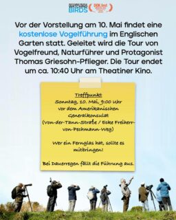 ✨“There is a whole ‚nother world here that I knew nothing about. This was always around me, and I never knew this was here.“✨ – Jonathan Franzen

🪶 Zusammen mit dem DOK.fest haben wir zwei Vogelspaziergänge organisiert - kostenlos und in Kinonähe! Jeder und jede mit einem Kinoticket für WATCHING PEOPLE WATCHING BIRDS ist herzlich eingeladen!

➡️ Am Morgen des 10.05. führt Protagonist und Naturführer Thomas Griesohn-Pflieger entlang des Schwabinger Bachs durch den Englischen Garten. Die Tour endet am @theatiner.film , wo um 11 Uhr der Film gezeigt wird. 

📍Treffpunkt: 9 Uhr vor dem Amerikanischen Generalkonsulat.

Ein Fernglas ist kein Muss, aber wer eines hat, sollte es mitbringen.

Bei Dauerregen fällt die Führung aus. 
___

🪶 Together with DOK.fest, we’ve organized two bird-watching walks—free of charge and near the cinema! Everyone with a ticket to WATCHING PEOPLE WATCHING BIRDS is warmly invited!

➡️ On the morning of May 10, protagonist and nature guide Thomas Griesohn-Pflieger will lead a walk along the Schwabinger Bach through the English Garden. The tour ends at the Theatiner, where the film will be shown at 11 a.m. 

📍Meeting point: 9 a.m. in front of the U.S. Consulate General.

Binoculars aren’t required, but if you have a pair, you should bring them.

The tour will be canceled in case of continuous rain. 

#loekenfranke #dokfest #birdingmünchen #urbanbirding #watchingpeoplewatchingbirds
